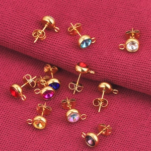 7mm gold stainless steel stud earrings with colorful rhinestones and hanging loops for DIY