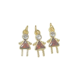 Three gold girl pendants with red triangle gems and white cubic zirconia for DIY jewelry