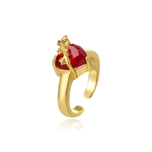 Bague ouverte plaquée or 18 carats avec zircon cœur rouge et décor de branche de corail