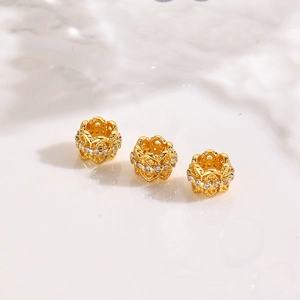 18K gold plated hollow floral spacer beads with white zircon for jewelry making
