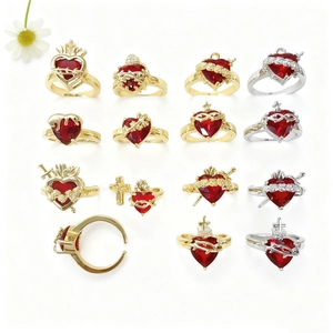 Bague couronne cœur sacré avec zircon rouge et anneau ouvert ajustable pour femmes