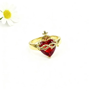 Bague ouverte Sacré-Cœur avec pierre rouge, épines plaquées or et détail croix