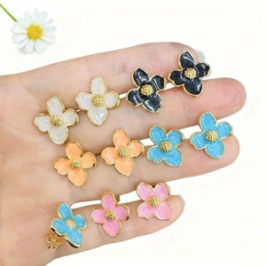 Set of five colorful four-leaf flower stud earrings with gold plating and enamel finish