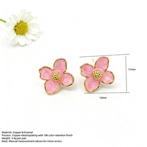 Pink enamel four-leaf flower earrings with 18k gold plating on a clean white background