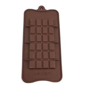 Food-grade silicone chocolate mold showing temperature symbols and waffle bar pattern