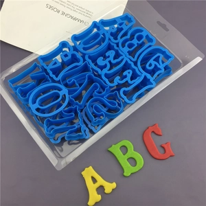 26-piece blue plastic alphabet cookie cutters set with colored fondant letter samples