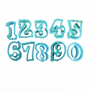 Set of large 0-9 number cookie cutters in light blue plastic for fondant and baking