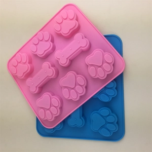 Pink and blue 6-cavity silicone mold with cat paw and bone shapes for DIY baking