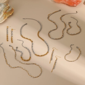 Two-tone gold and silver link chain jewelry set including necklace, bracelet and earrings
