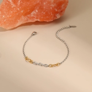 Detail of two-tone stainless steel link bracelet with gold and silver oval chain