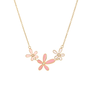 Chique gouden roestvrijstalen ketting met roze en witte bloem-emaille hangers