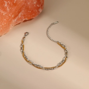 Detail of a dual-layer mixed metal chain bracelet with gold and silver links