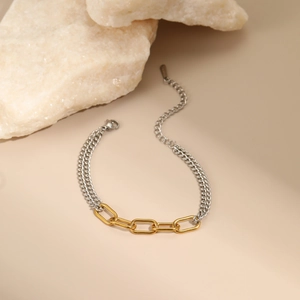 Pulsera de cadena bicolor de acero inoxidable con eslabones dorados y doble cadena plateada