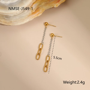 Detailed view of two-tone gold and silver tassel earrings with size and weight specs