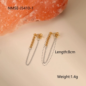 Detail of 8cm dual-tone gold and silver chain earrings with lightweight tassel design
