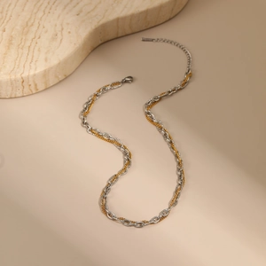 Detail of two-tone double layer necklace featuring gold and silver intertwined chains