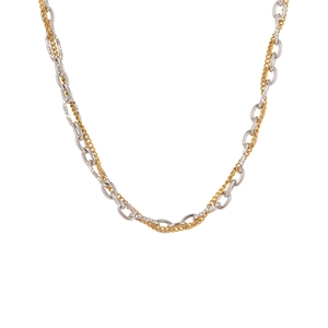 Two-tone layered necklace with silver paperclip chain and gold-plated curb link design