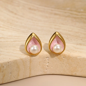 Water-drop pearl earrings with pink marble enamel and 18K gold plated stainless steel