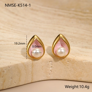 Detailed size view of water drop pearl earrings with pink enamel and 18K gold plating