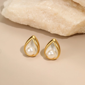 Waterdrop pearl earrings with 18K gold plating and marble texture inlay on stone base