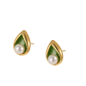Water drop pearl earrings with green enamel and 18K gold plated stainless steel