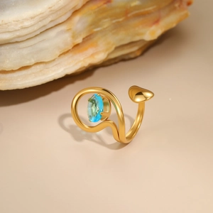 Modern 18K gold plated stainless steel hollow ring with elegant blue oval zircon stone
