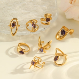 Irregular 18K gold plated stainless steel rings set with purple zircon stones