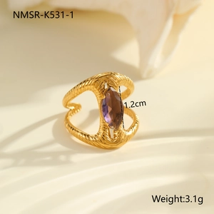 Detailed view of irregular 18k gold plated ring with marquise purple zircon and dimensions