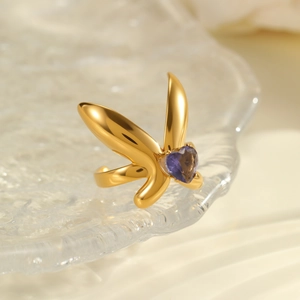 Elegant irregular gold plated stainless steel ring with heart shaped purple zircon stone