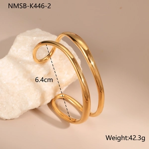 Polished double-row 18K gold-plated stainless steel open bangle with 6.4cm diameter