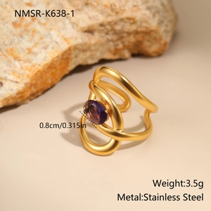 Detail view of gold-plated stainless steel ring with purple oval zircon and sizing info