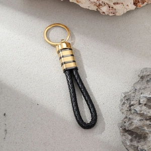 Men's braided leather keychain with gold stainless steel ring for car accessories
