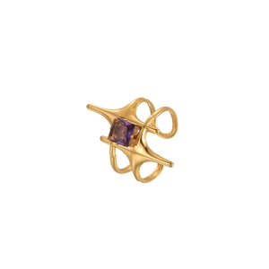 Irregular gold plated stainless steel ring with square purple zircon in avant-garde style