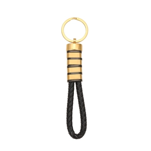 Men's braided black leather keychain with a polished gold-tone metal ring and stylish clasp