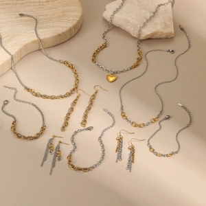 Two-tone 18K gold and silver stainless steel necklace, bracelet and earring jewelry set