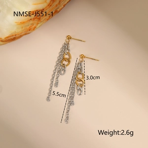 Detail view of 5.5cm two-tone gold and silver tassel earrings with measurements and weight