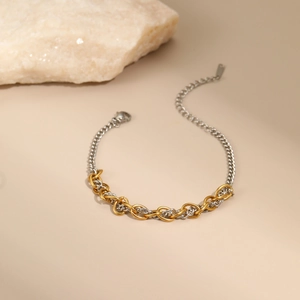 Two-tone stainless steel bracelet with gold double rings and silver chain finish