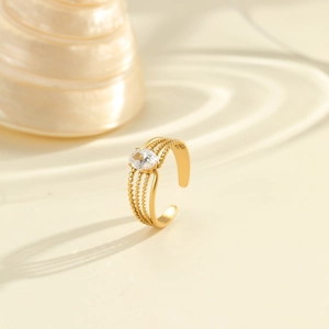 Adjustable 18K gold plated stainless steel ring with zircon and multi-layered bead texture