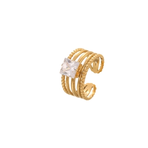 18K gold plated multi-layer stainless steel ring with square cubic zirconia stone