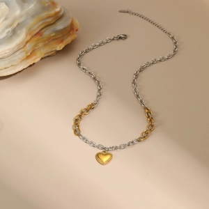 Two-tone stainless steel heart pendant necklace with gold and silver links