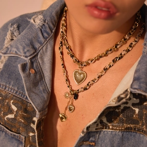 Layered 18K gold plated stainless steel necklace with leopard print heart pendants