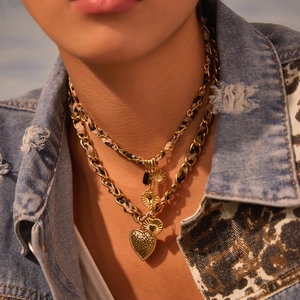 18K gold plated leopard print heart pendant stainless steel layered necklace for women