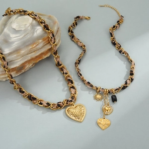 Golden chunky chain necklace with leopard print ribbon and hammered heart pendant