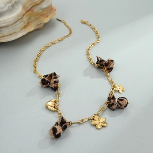 Gouden roestvrijstalen ketting met luipaardprint hart en bloem hangers voor dames
