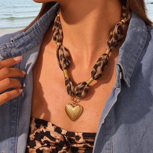Leopard Print Fabric Stainless Steel Necklace Gold Heart Pendant Bohemian Style Choker Jewelry Gift For Women