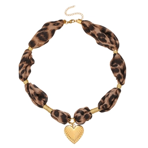 Leopard print fabric necklace with gold heart pendant and stainless steel chain