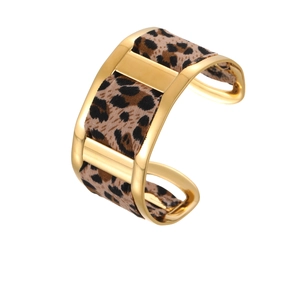 Fashionable wide 18K gold plated stainless steel open bangle with leopard print ribbon inlay