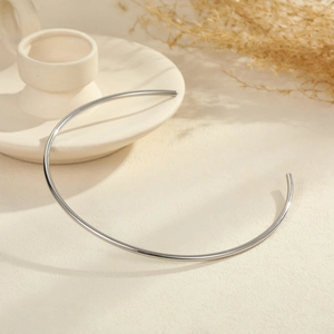 Minimalist silver stainless steel choker neck ring showing glossy metallic finish and texture