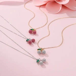 Sweet cherry pendant necklaces set in gold and silver finish with crystal pavé stones
