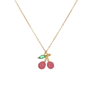 18K gold plated stainless steel necklace with pink crystal pavé cherry pendant
